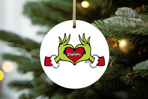 Grinch Heart Ornament, Tumbler or Mug