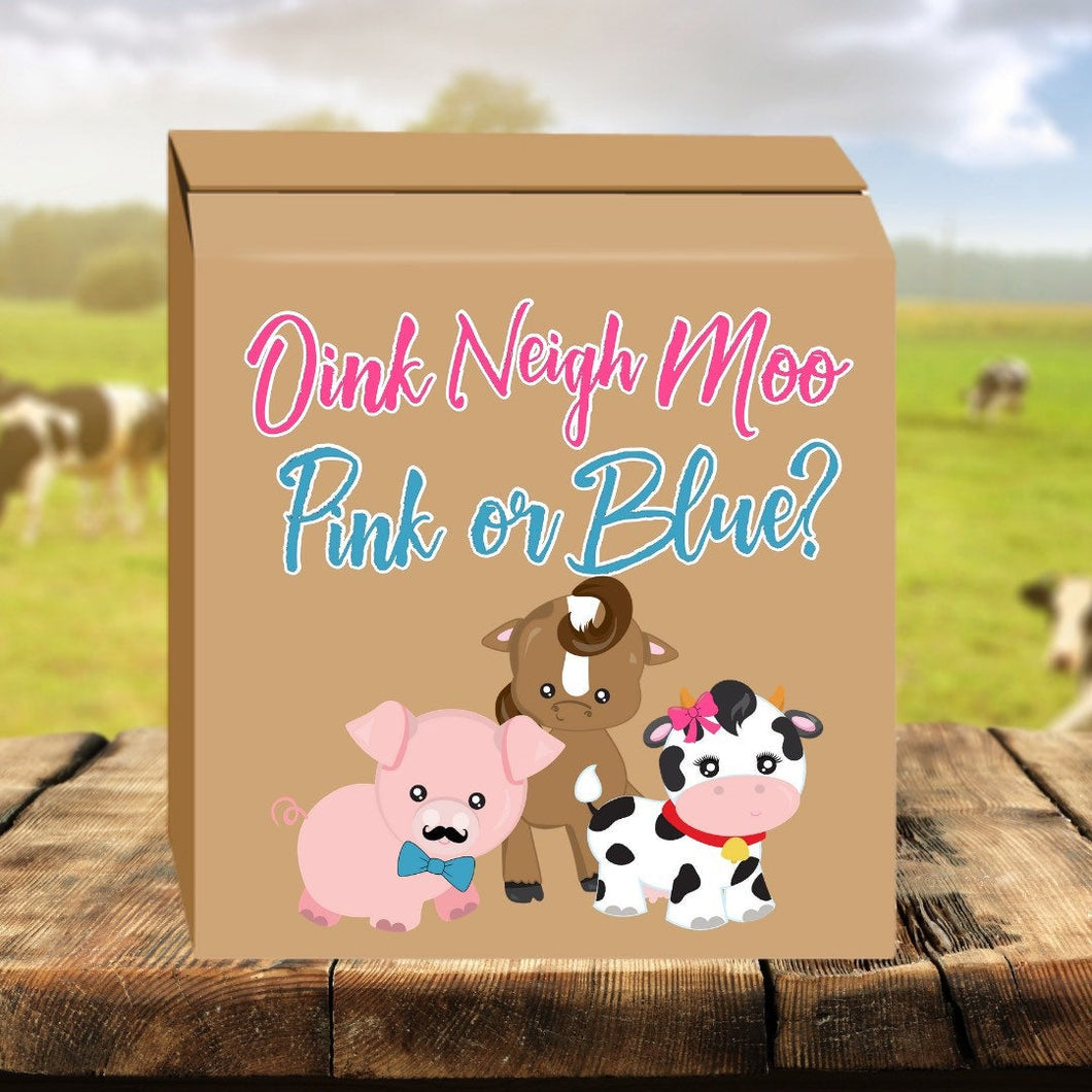 Oink Neigh Moo, Pink or Blue gender reveal box - gender reveal party ideas - cow decor - farm animal baby reveal - pig party - barnyard baby