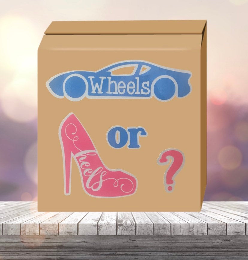 Wheels or heels gender reveal box - gender reveal party ideas - ballon box - baby reveal options - decor - trucks - high heels - race car